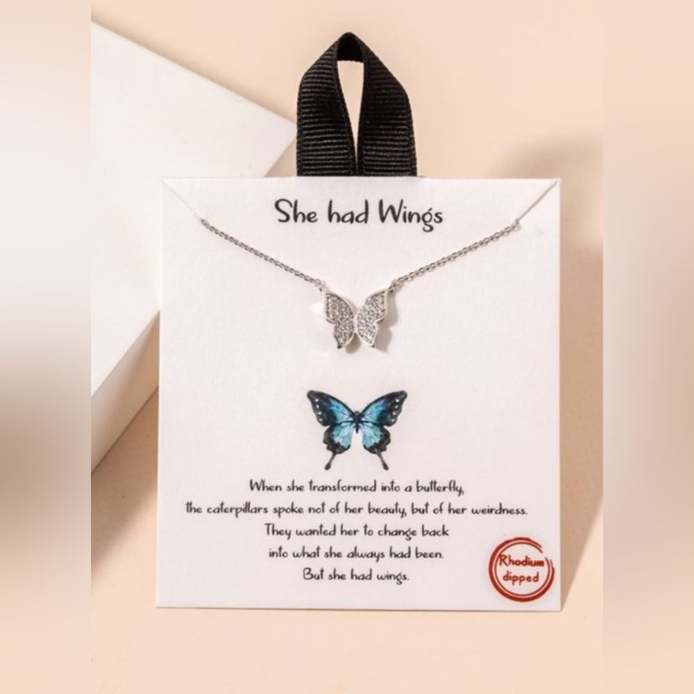 She Had Wings White Gold Dipped Cubic Zirconia Inspirational Butterfly Choker